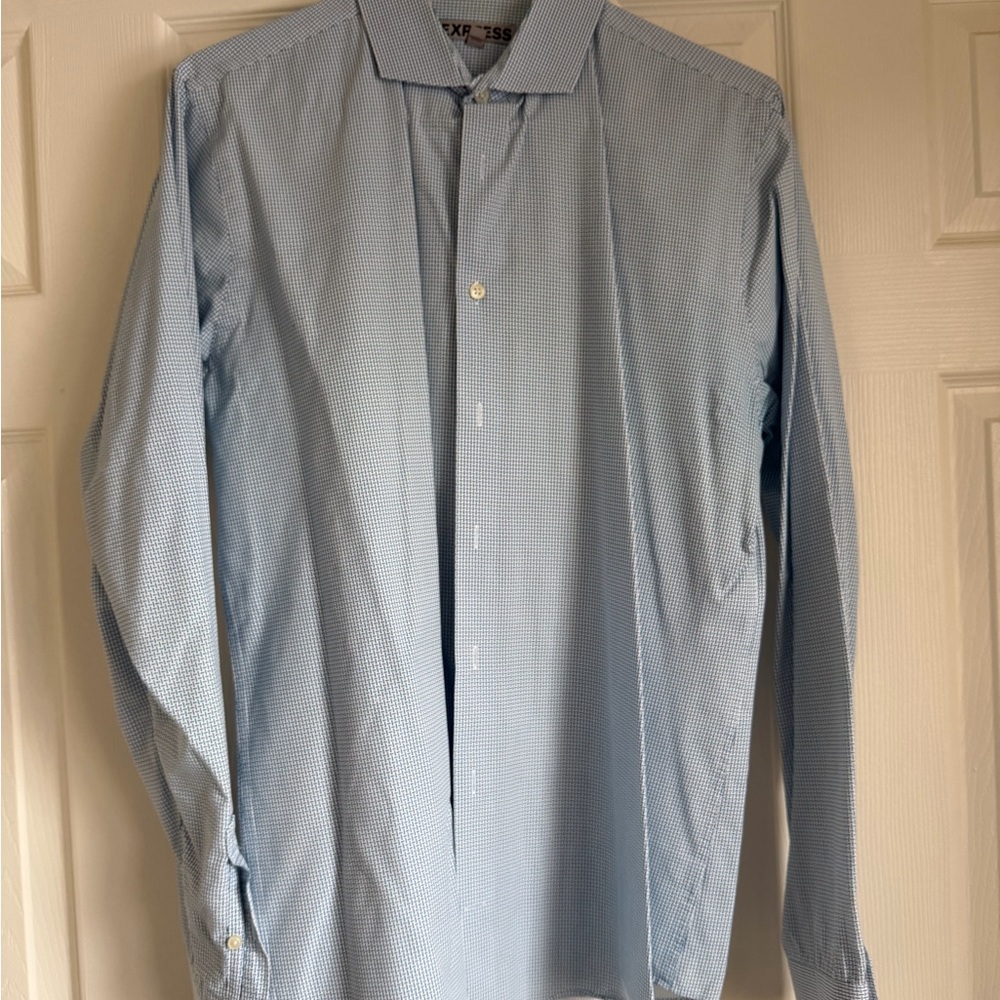 Express Men's Light Blue Checkered Fitted Dress Shirt